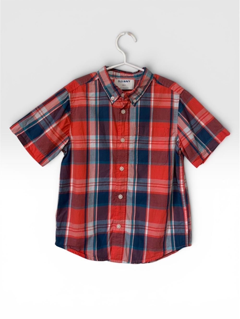 Old Navy Boy Short Sleeve Fall Preppy School  Button-Up Plaid Shirt Size S (6-7)